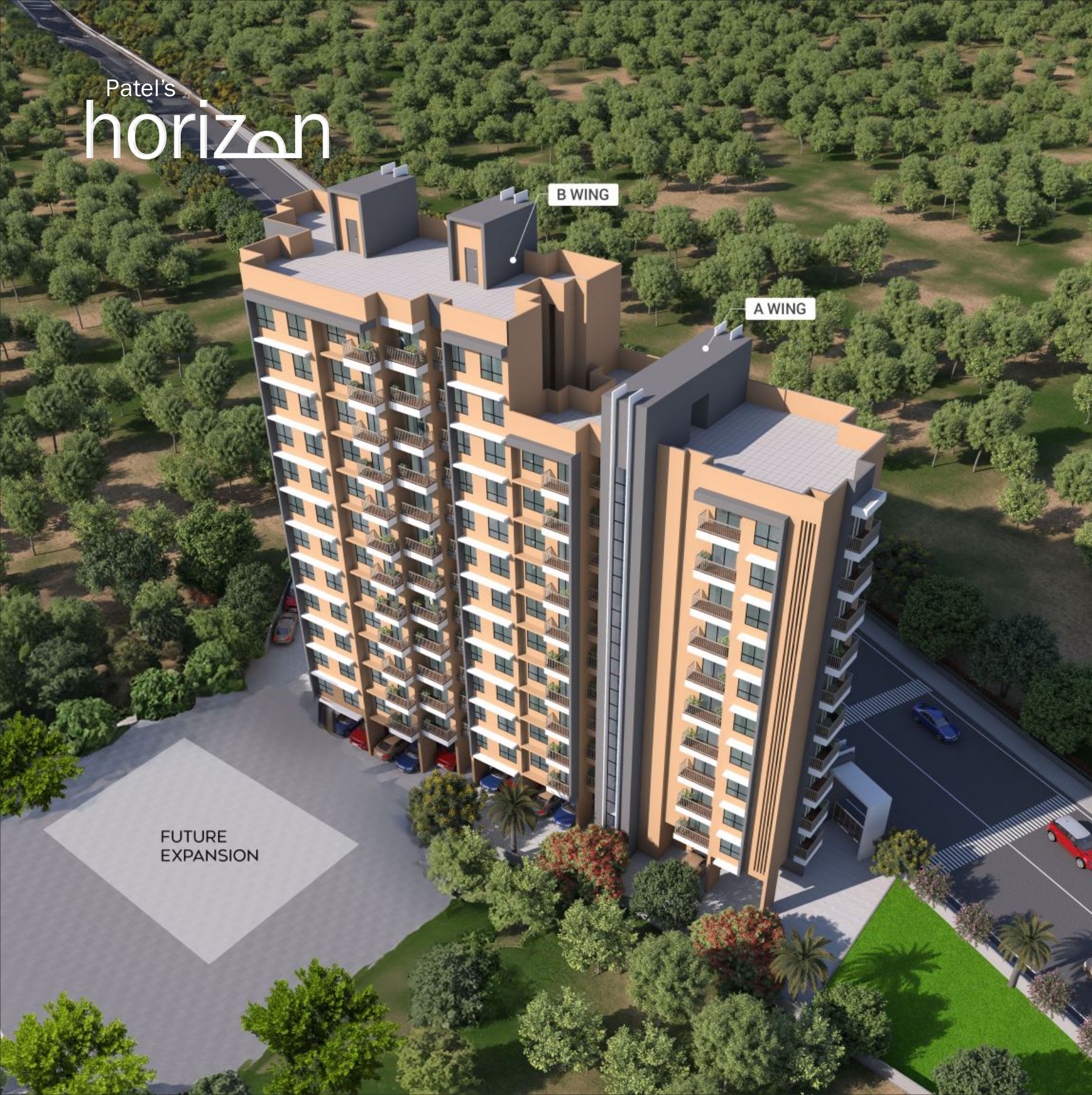 Aerial view of Patel’s Horizon residential buildings A Wing and B Wing, surrounded by greenery with a marked area for future expansion