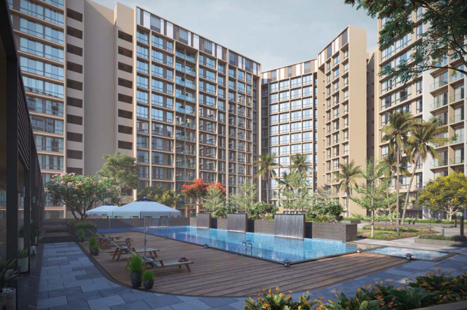 Luxury residential towers with glass balconies surrounding a modern swimming pool and landscaped garden at Aikyam in Upper Kharghar.