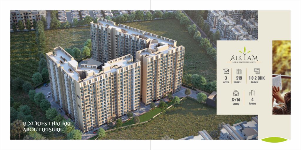 Aerial view of Aikyam residential project with four high-rise towers set in a lush 3-acre plot, highlighting key project features like unit types, number of homes, and layout.